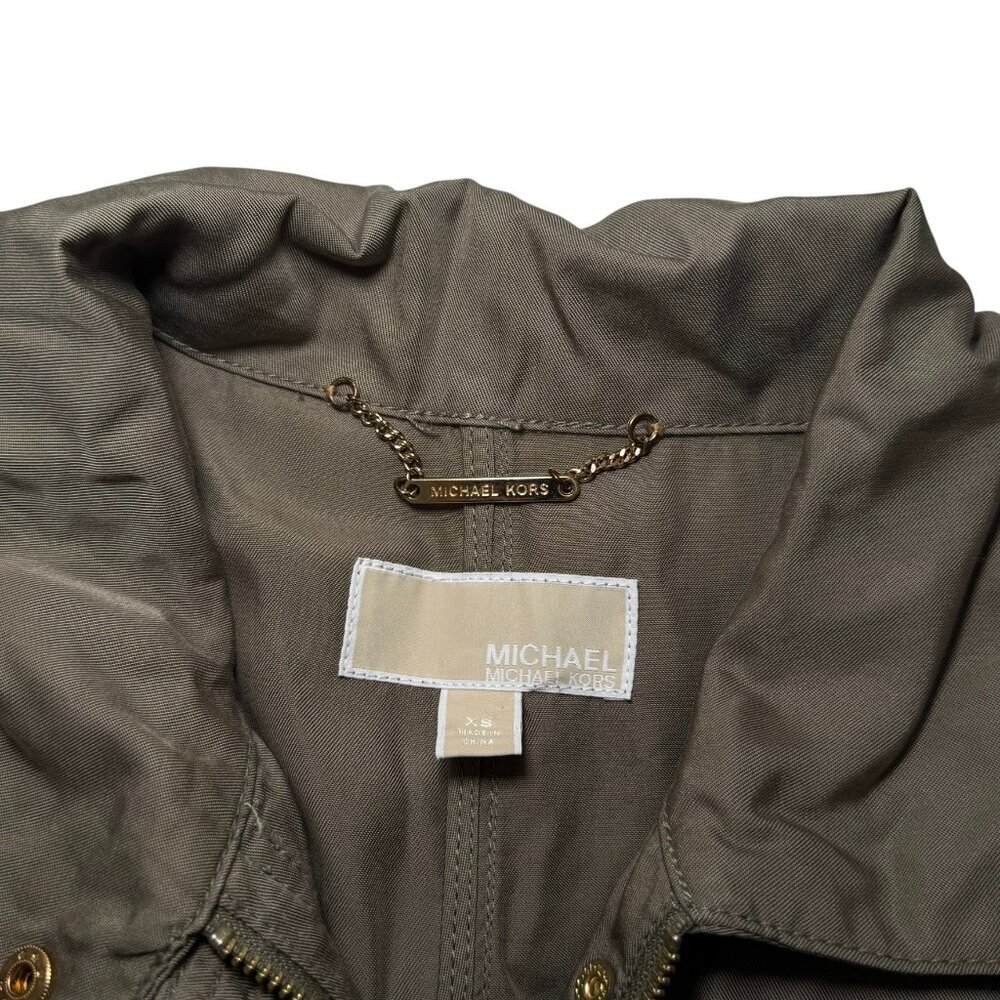 Michael Kors Anorak Coat Jacket Drawstring Waist Khaki Green Gold Hardware XS - Picture 10 of 11